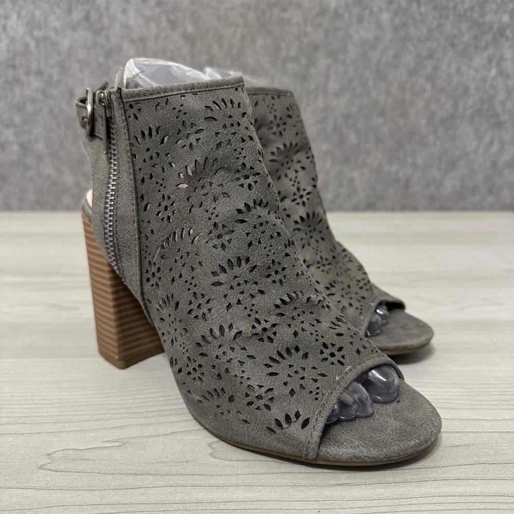 Fergalicious Parney Booties Womens 7.5 Gray Laser Peep Toe Stacked Block Heel